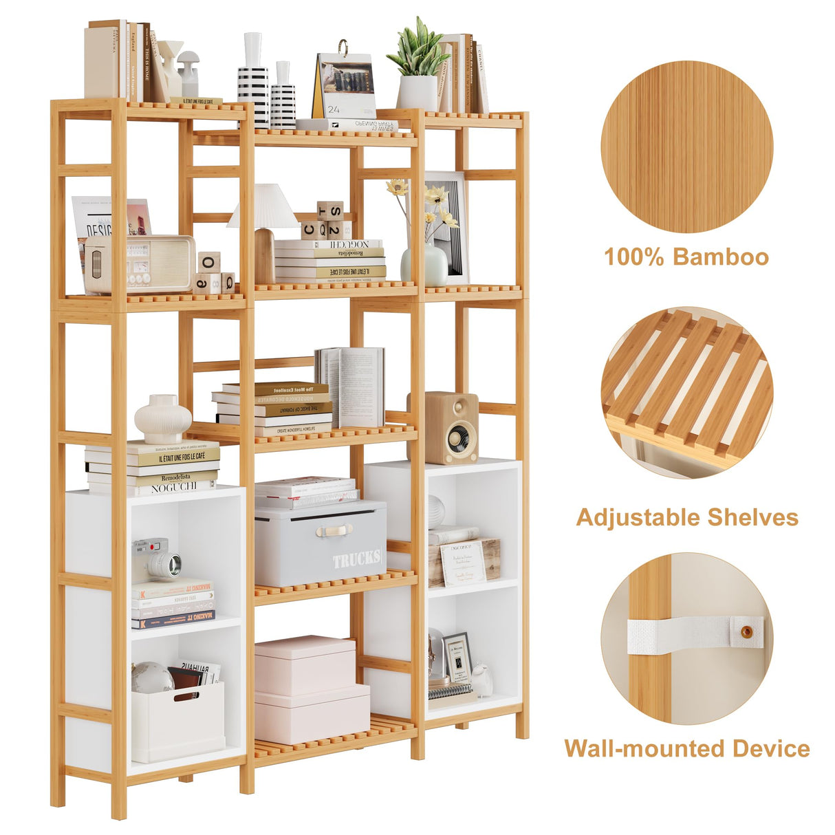 FOTOSOK Bamboo Shelf Bookcase, Triple Wide Bookshelf with 4 Cubes & 9 Shelves, Large Bookshelf with Storage, Plant Shelf Bathroom Shelf Pantry Shelf Standing Organizer Unit, Natural FOTOSOK