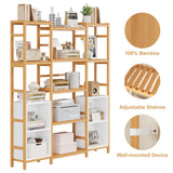 FOTOSOK Bamboo Shelf Bookcase, Triple Wide Bookshelf with 4 Cubes & 9 Shelves, Large Bookshelf with Storage, Plant Shelf Bathroom Shelf Pantry Shelf Standing Organizer Unit, Natural FOTOSOK