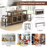 Giantex Dining Table Set for 4, Kitchen Island with Seating Bench & Stools, Storage Cabinet, 3-Position Adjustable Shelves, Bar Table and Chairs Set for Small Space, Kitchen Table Chairs Set of 4 Giantex