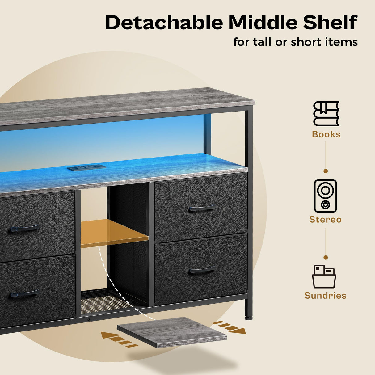 Huuger TV Stand Dresser with Power Outlets and LED Lights, 4 Drawers Entertainment Center with Open Shelf, Media Console for 50 43 Inch TV, Dresser with PU Finish, Grey and Black Huuger