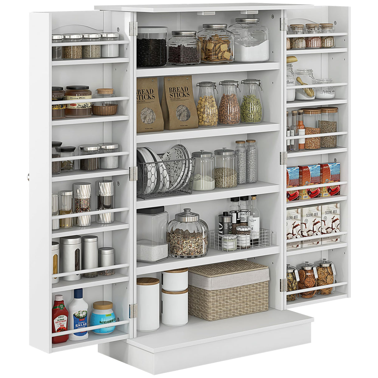 HOMCOM 41" Kitchen Pantry Storage Cabinet, Freestanding Kitchen Cabinet with 12 Door Shelves, Double Doors, 5-Tier Shelving and Adjustable Shelves, Paper White HOMCOM