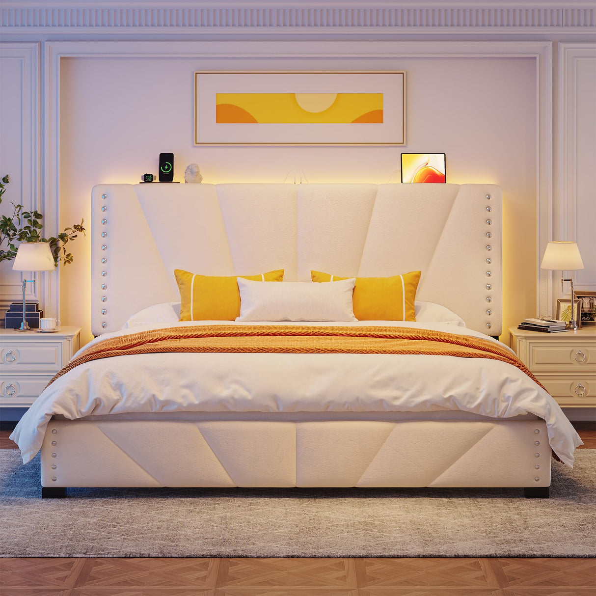 EnHomee King Size Bed Frame, Velvet Bed Frame with Headboard and Led Light, Platform Bed Frame for Bedroom Apartment, Dorm, Noise-Free, Easy Assembly, Beige EnHomee