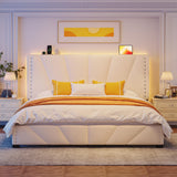 EnHomee King Size Bed Frame, Velvet Bed Frame with Headboard and Led Light, Platform Bed Frame for Bedroom Apartment, Dorm, Noise-Free, Easy Assembly, Beige EnHomee