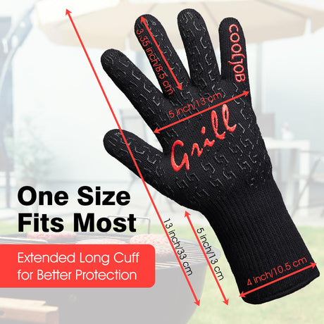 COOLJOB Heat Resistant BBQ Gloves for Hot Temperature Cooking, Barbecue Grilling or Baking Bread Pizza, 800 Degrees Safe Oven Mittens with Fingers, Aramid Fiber with Silicone Grip, One Size, Black COOLJOB