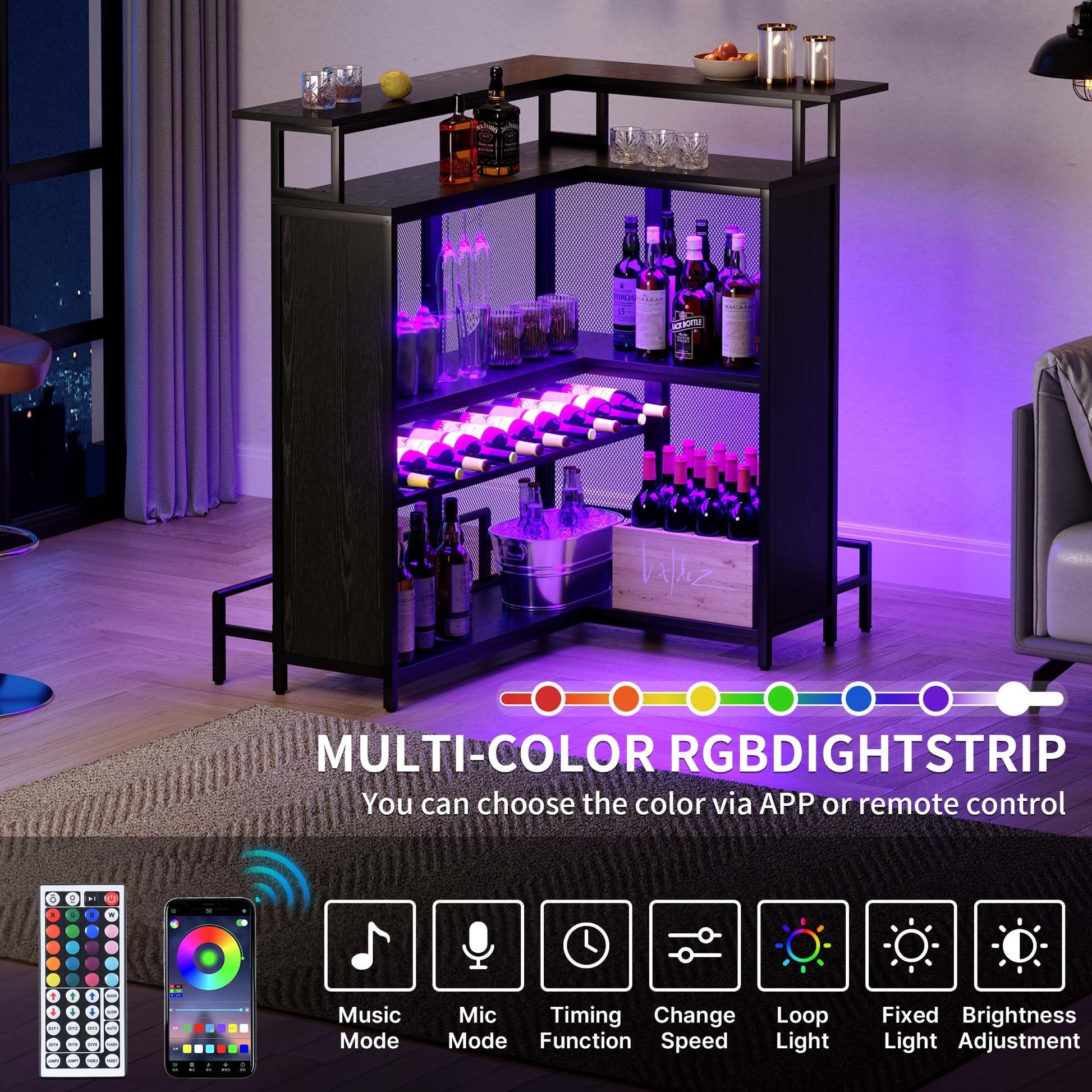 YITAHOME Modern L-Shaped Mini Home Bar Unit with Music-Responsive LED Light and Storage Solutions in Black - WoodArtSupply