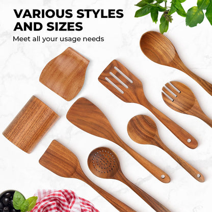 Wooden Spoons for Cooking, Teak Wooden Utensil Set, Handmade Cooking Utensil Set with Spoon Rest and Utensils Holder (9Pcs)