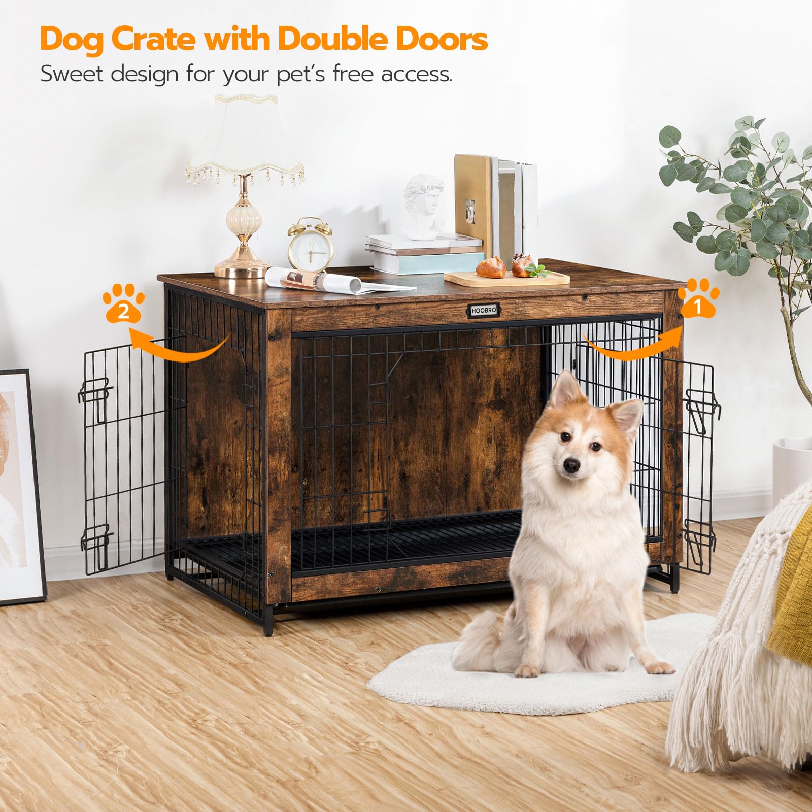 HOOBRO Dog Crate Furniture, Large Dog Kennel Indoor, 38.6" Wooden Pet Furniture with Pull-Out Tray, Double Door Modern Side End Table for - WoodArtSupply