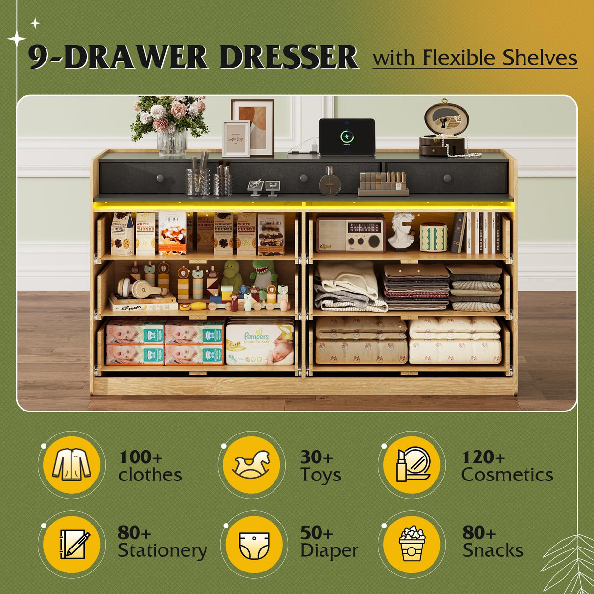 WLIVE 9 Drawer Led Dresser for Bedroom, 58.35'' Wide Wood Dresser Storage Organizer with Power Outlets for 65'' TV, Dressers with Open Shelves, Chest of Drawers for Closet, Living Room, Light Oak WLIVE