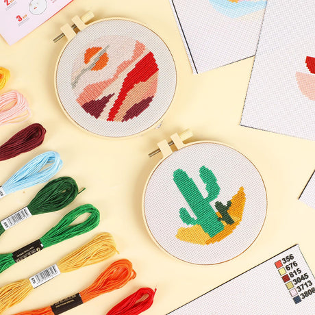 ZOIIWA 6PCS Cross Kits for Beginners DIY Embroidery Kit for Kids Adults Boho Cross Kits Christmas Birthday Gift Abstract Landscape Needlepoint Patterns with 2 Embroidery Hoops Craft Supplies ZOIIWA