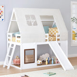 Spirich Kids Bunk Bed with Slide and Ladder, House Bed for Kids with Bed Tent, Playhouse Style Wooden Twin Loft Bed Frames with Roof, Windows, White Spirich