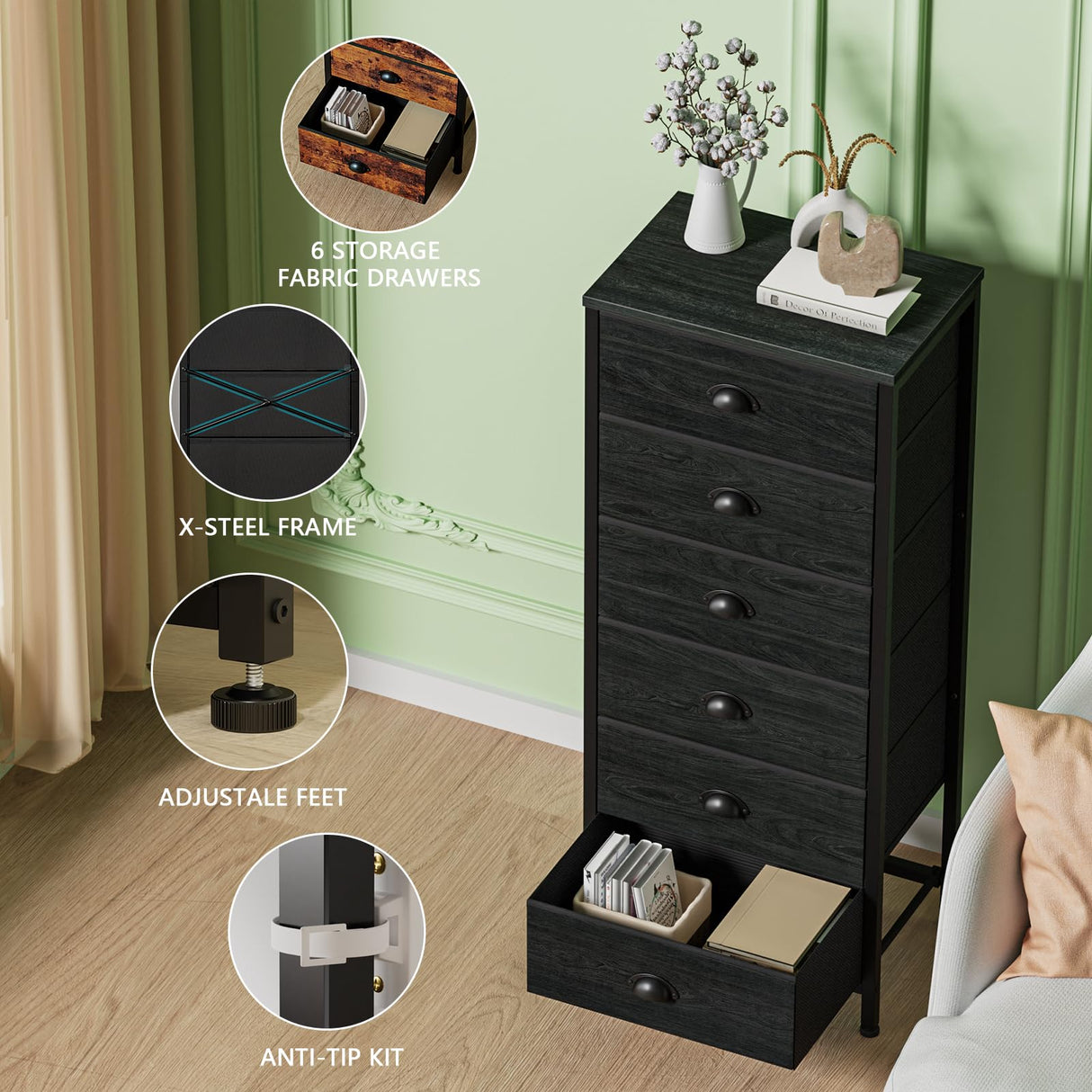 Furnulem Tall Dresser with 6 Drawers,Vertical Bedside End Table & Chest for Bedroom,Black Storage Tower Dorm Nightstand with Fabric Drawer Organizer Unit Furniture in Living Room,Closet,Hallyway Furnulem
