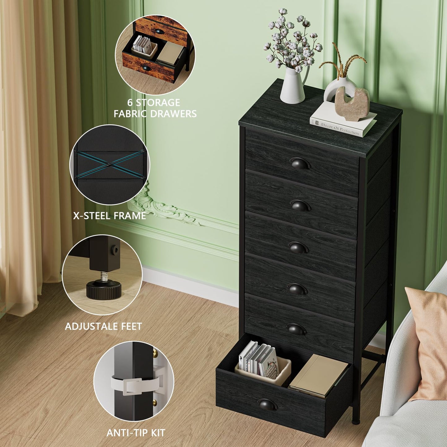 Furnulem Tall Dresser with 6 Drawers,Vertical Bedside End Table & Chest for Bedroom,Black Storage Tower Dorm Nightstand with Fabric Drawer Organizer Unit Furniture in Living Room,Closet,Hallyway