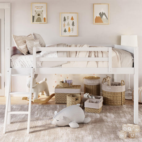 Merax Low Loft Bed: Wooden loftBed with Ladder, Low Loft with Full Guardrail,Ladder can be Placed on The Left or Right, Full Size,White Merax