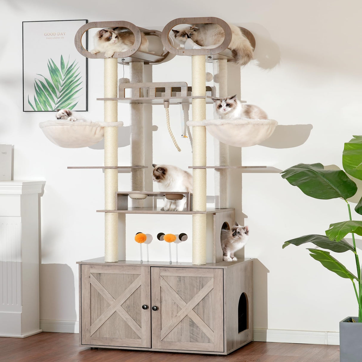Heybly Cat Tree with Litter Box Enclosure, 76.8-inch Wooden mainecoons Cat Tower with Food Station,Extra Large Platforms, Modern Big Cat Condo Furniture with All-sisal Scratching Post, Greige HCT111SG Heybly