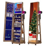 HNEBC 360° Swivel Jewelry Armoire with Mirror, LED Mirror Jewelry Cabinet Standing, Full Length Mirror with Jewelry Storage, Standing Jewelry Organizer/Lockable Wheels/Foldable Makeup Shelf (Wood) HNEBC