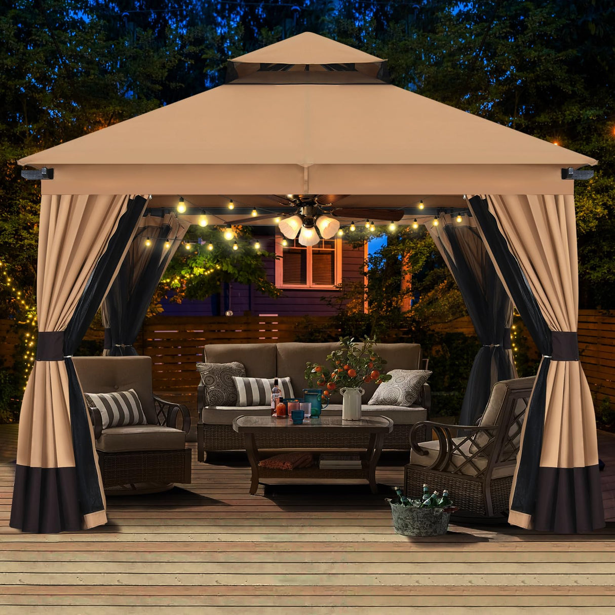 MASTERCANOPY 10x10FT Outdoor Patio Gazebo with Double Roofs, Mosquito Netting and Privacy Screens for Backyard, Garden, Lawn, Beige MASTERCANOPY