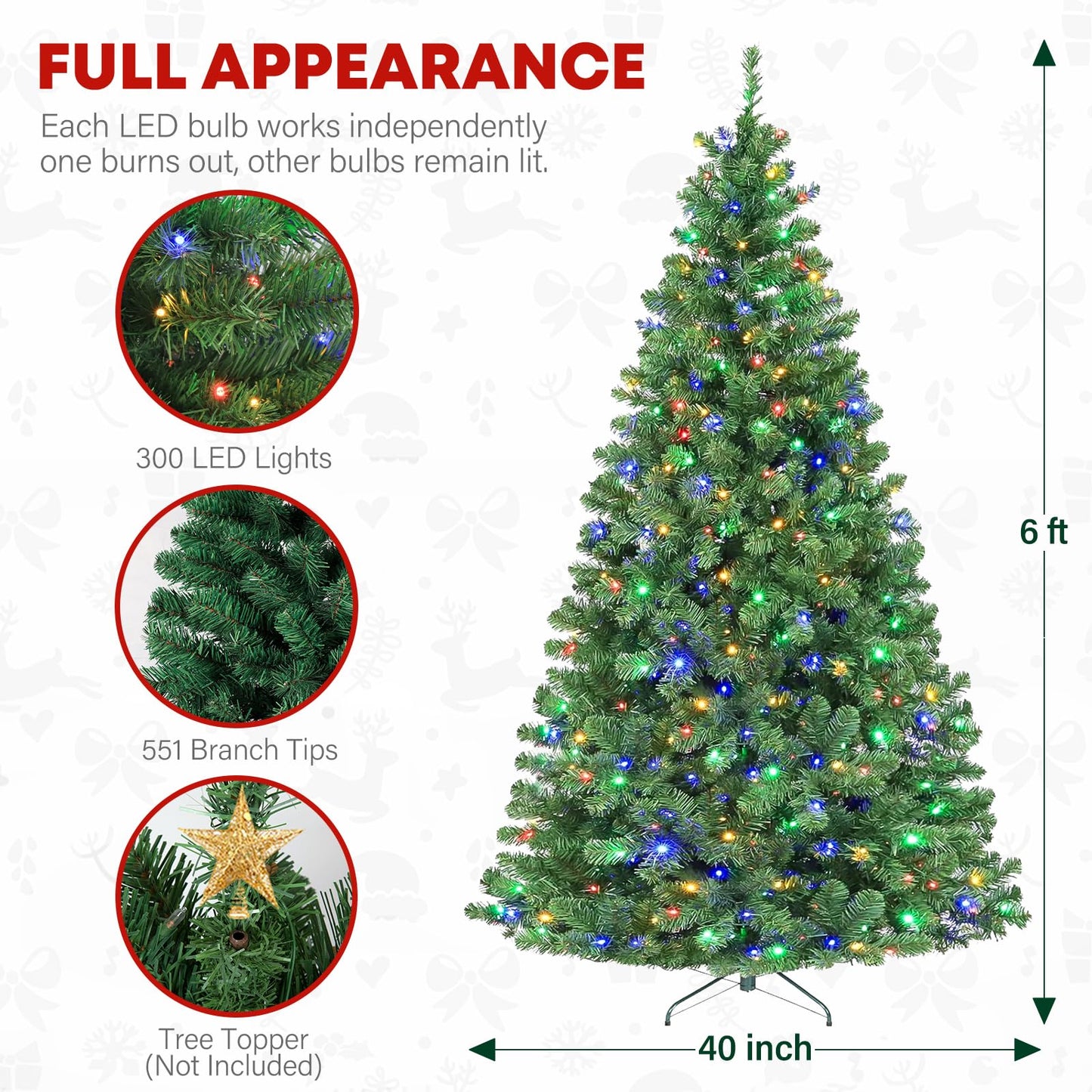 VIVATREES 6ft Prelit Christmas Tree, Artificial Chrismas Tree with 300 Multicolor LED Lights, Easy Assembly with Metal Stand and Hinged Branches, 551 PVC Branch Tips, 10 Color Modes