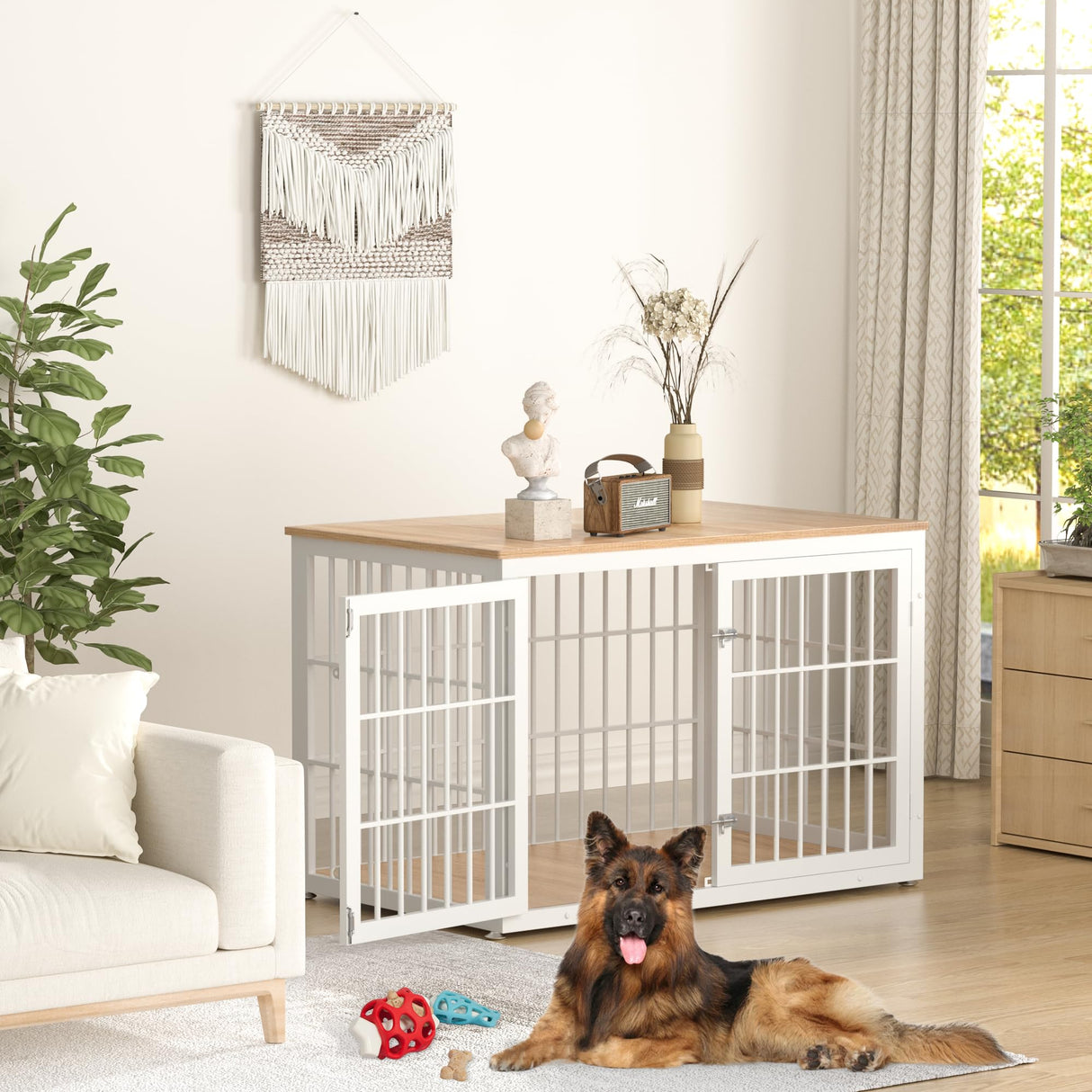 rehomerance Rustic Heavy Duty Dog Crate Furniture for Extra Large Dogs, Decorative Pet House End Table, Wooden Cage Kennel Furniture Indoor, XL, White and Natural rehomerance
