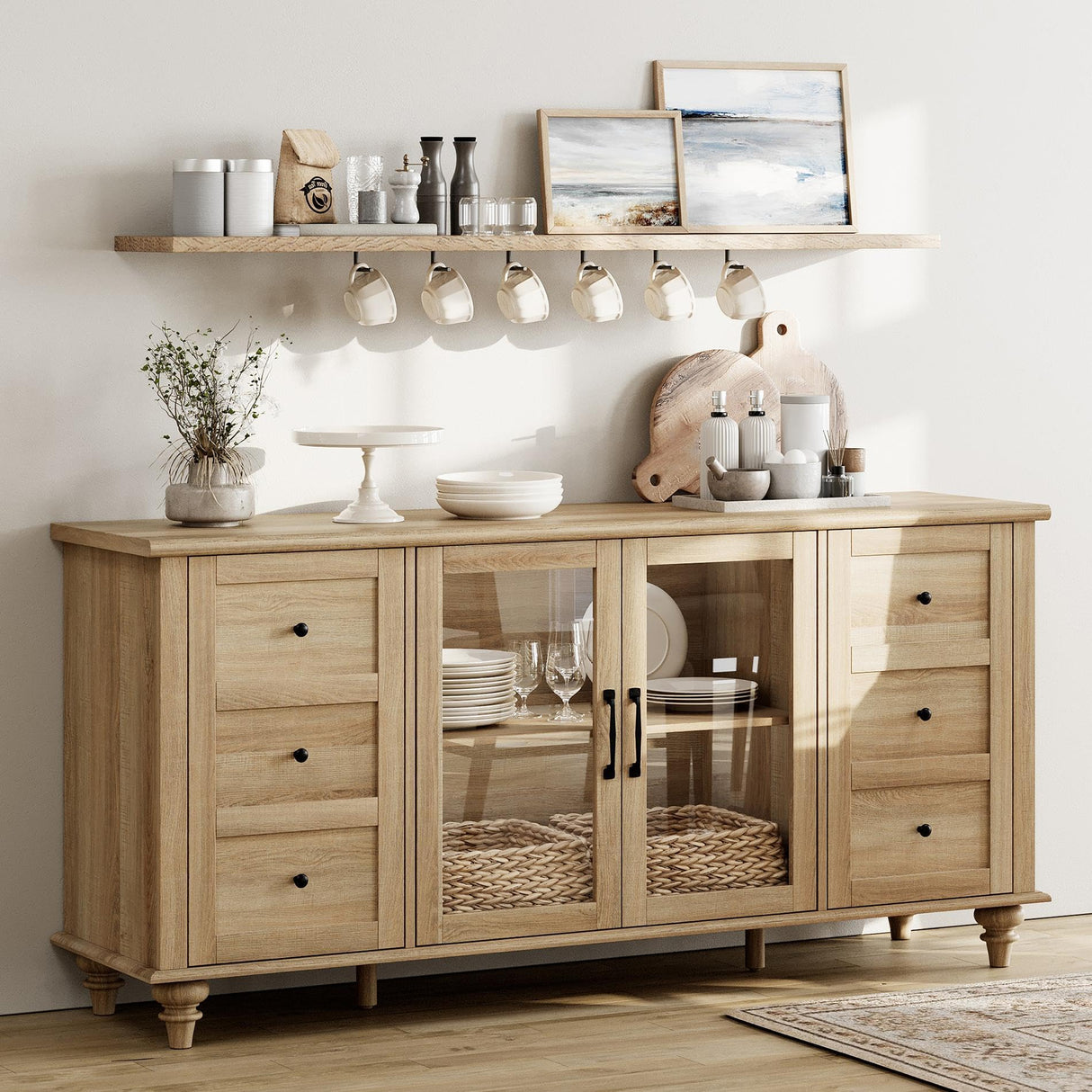 WAMPAT Farmhouse Sideboard Buffet Cabinet with Glass Door & Adjustable Shelf, Wooden Coffee Bar Table with Solid Wood Leg, Kitchen Storage Cabinet for Dining Room, Oak, 58 Inch WAMPAT