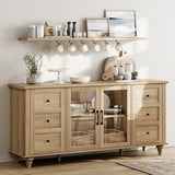 WAMPAT Farmhouse Sideboard Buffet Cabinet with Glass Door & Adjustable Shelf, Wooden Coffee Bar Table with Solid Wood Leg, Kitchen Storage Cabinet for Dining Room, Oak, 58 Inch WAMPAT