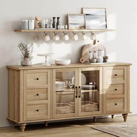 WAMPAT Farmhouse Sideboard Buffet Cabinet with Glass Door & Adjustable Shelf, Wooden Coffee Bar Table with Solid Wood Leg, Kitchen Storage Cabinet for Dining Room, Oak, 58 Inch WAMPAT