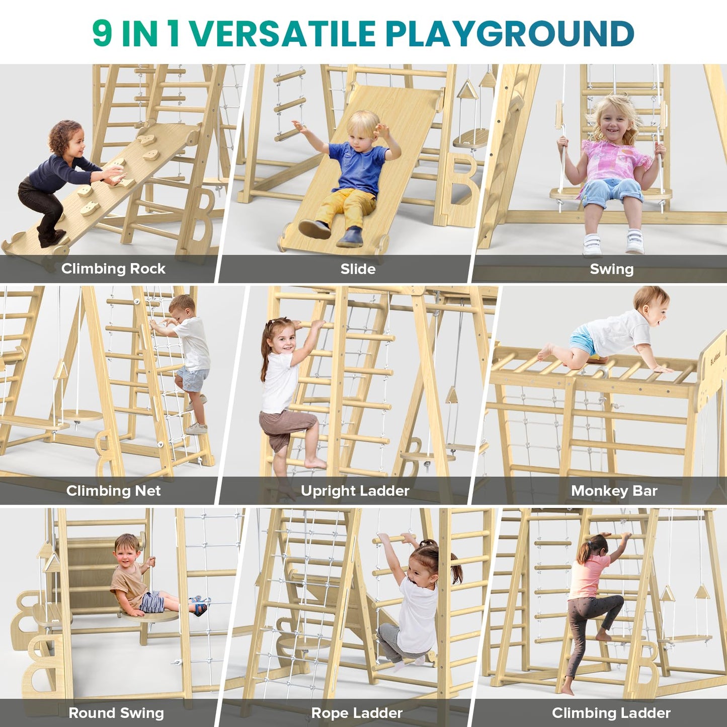 Upgraded Indoor Playground 9-in-1 Jungle Gym Kids Climbing Toys, Montessori Waldorf Style Wooden Climber Playset with Slide, Swing, Monkey Bars, Upright/Rope Ladder, Climbing Rocks/Net/Ladder, Natural