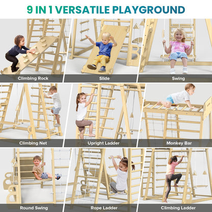 Upgraded Indoor Playground 9-in-1 Jungle Gym Kids Climbing Toys, Montessori Waldorf Style Wooden Climber Playset with Slide, Swing, Monkey Bars, Upright/Rope Ladder, Climbing Rocks/Net/Ladder, Natural