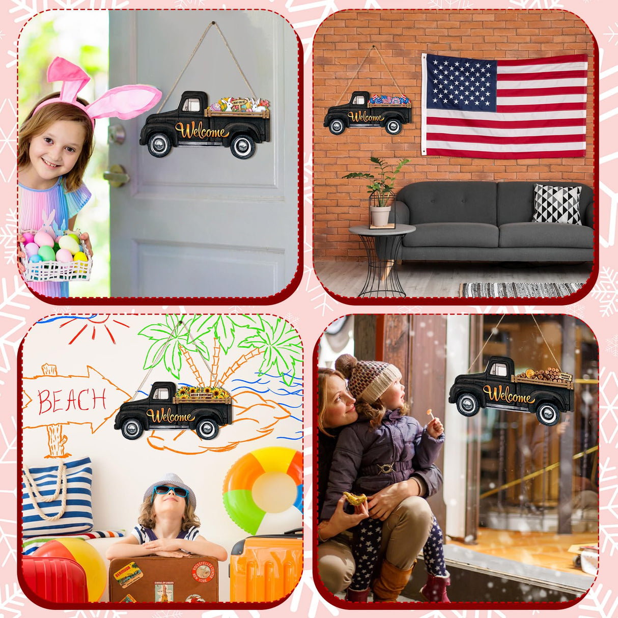 Ferraycle Interchangeable Welcome Sign Christmas Truck Decor Seasonal Door Signs with 12 Holiday Icons Rustic Farmhouse Interchangeable Holiday Decor for Christmas All Seasons(Black) Ferraycle