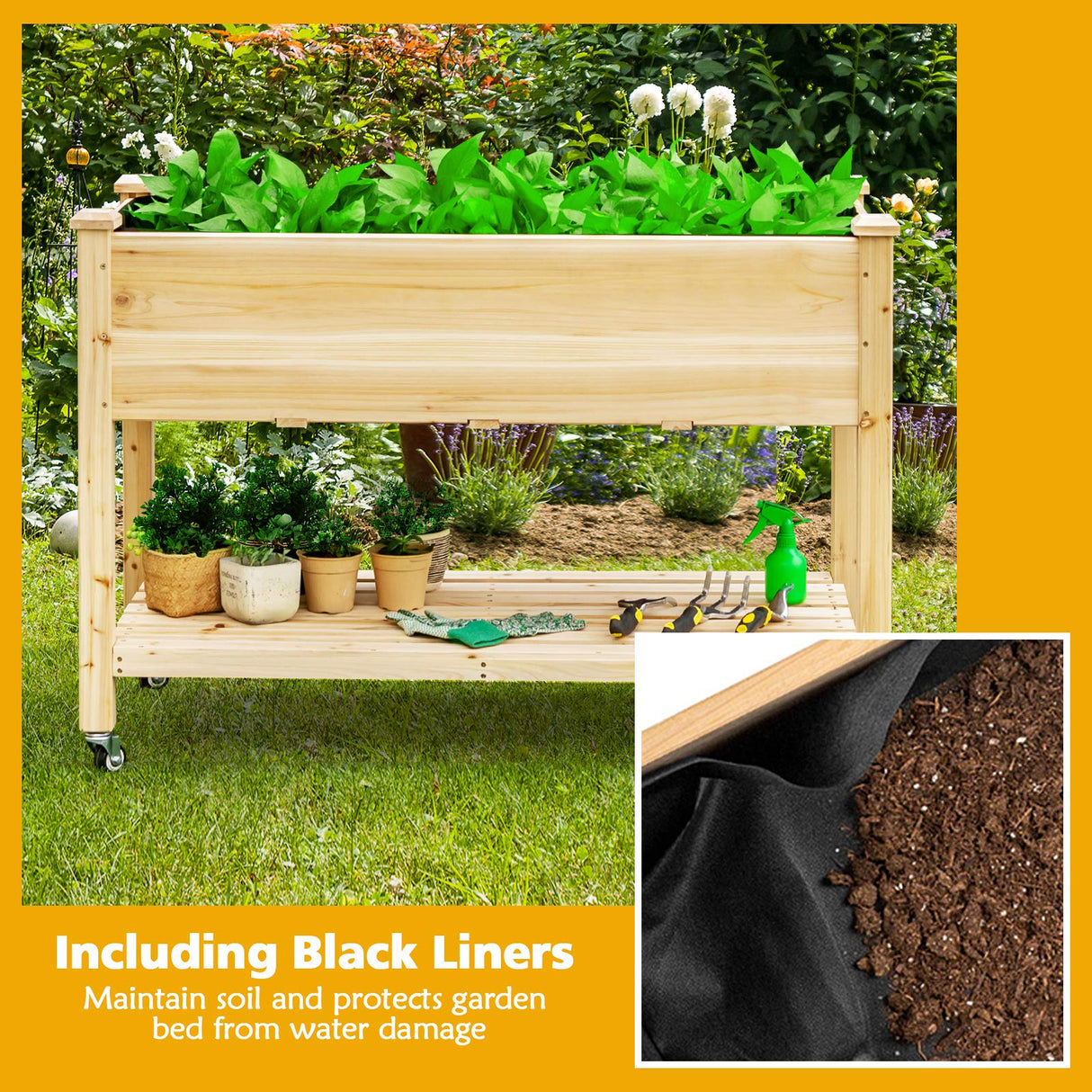 Giantex Raised Garden Bed on Wheels, Wood Planter Box with Legs, Liner, Drain Holes, Elevated Garden Bed for Vegetables, Standing Garden Container for Backyard, Patio, 47.5" LX 23.5" WX 33" H Giantex