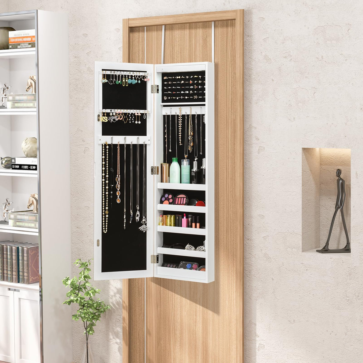 12 LEDs Jewelry Armoire Cabinet, Wall/Door Mounted Full-Length Mirror Jewelry Cabinet with Earring & Rings Slots Necklace Hooks, 5 Storage Shelves for Bedroom Makeups, White Giantex