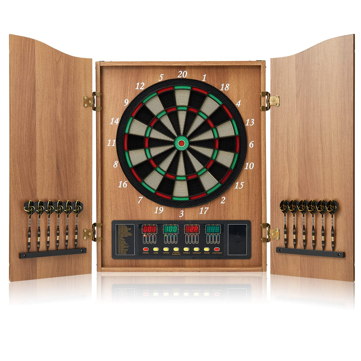 Hanbramo Dart Board, Decorative Dart Board Cabinet Set [12*Soft Tip Darts], Electronic Dart Board - Wooden Cabinet Doors with Integrated Scoreboard for Family Game Rooms [Apricot] Hanbramo