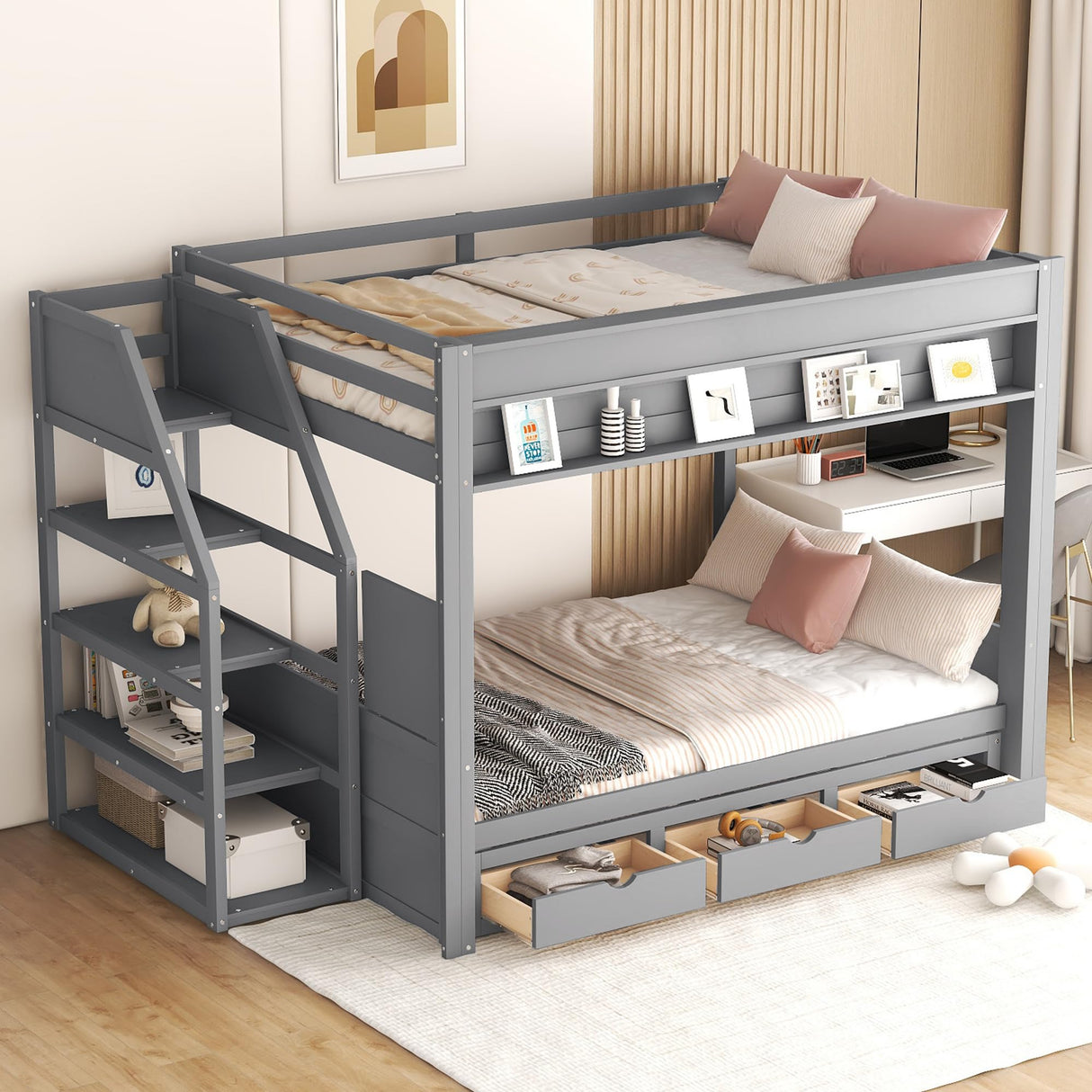 Harper & Bright Designs Full Over Full/Futon Bunk Beds with Stairs and 3 Drawers, Built-in Shelf, Bottom Bed can be Converted into Daybed, Solid Wood Bunk Bed Frame - Gray Harper & Bright Designs