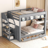 Harper & Bright Designs Full Over Full/Futon Bunk Beds with Stairs and 3 Drawers, Built-in Shelf, Bottom Bed can be Converted into Daybed, Solid Wood Bunk Bed Frame - Gray Harper & Bright Designs