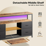 Huuger TV Stand Dresser with Power Outlets and LED Lights, 4 Drawers Entertainment Center with Shelves, 54 Inch Media Console for 55 60 Inch TV, PU Finish, Rustic Brown and Black Huuger