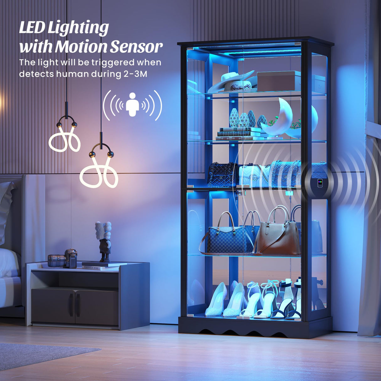 Dystler Display Cabinet with Glass Doors, 71'' Tall Curio Cabinet with RGB Lights for Collectibles, LED Display Case with Removable Shelf for Book/Medal/Figure, Black Dystler