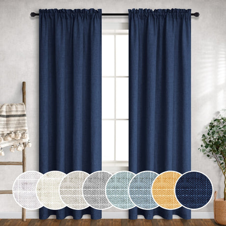 Navy Curtains 84 Inch Length for Living Room 2 Panels Rod Pocket Linen Draperies Light Filtering Semi Sheer Window Treatment Dark Blue Curtains for Bedroom Farmhouse Decoration 7 Feet Tall 52x84 Long Mrs.Naturall