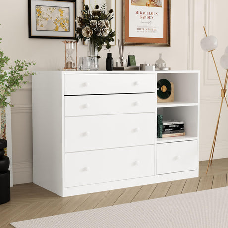 Timechee Changing Table Dresser, Baby Classic Nursery Dresser with 5 Drawers and 2 Shelves, Multi-Functional Baby Changing Table, Diaper Changing Station for Children's Room, White Timechee