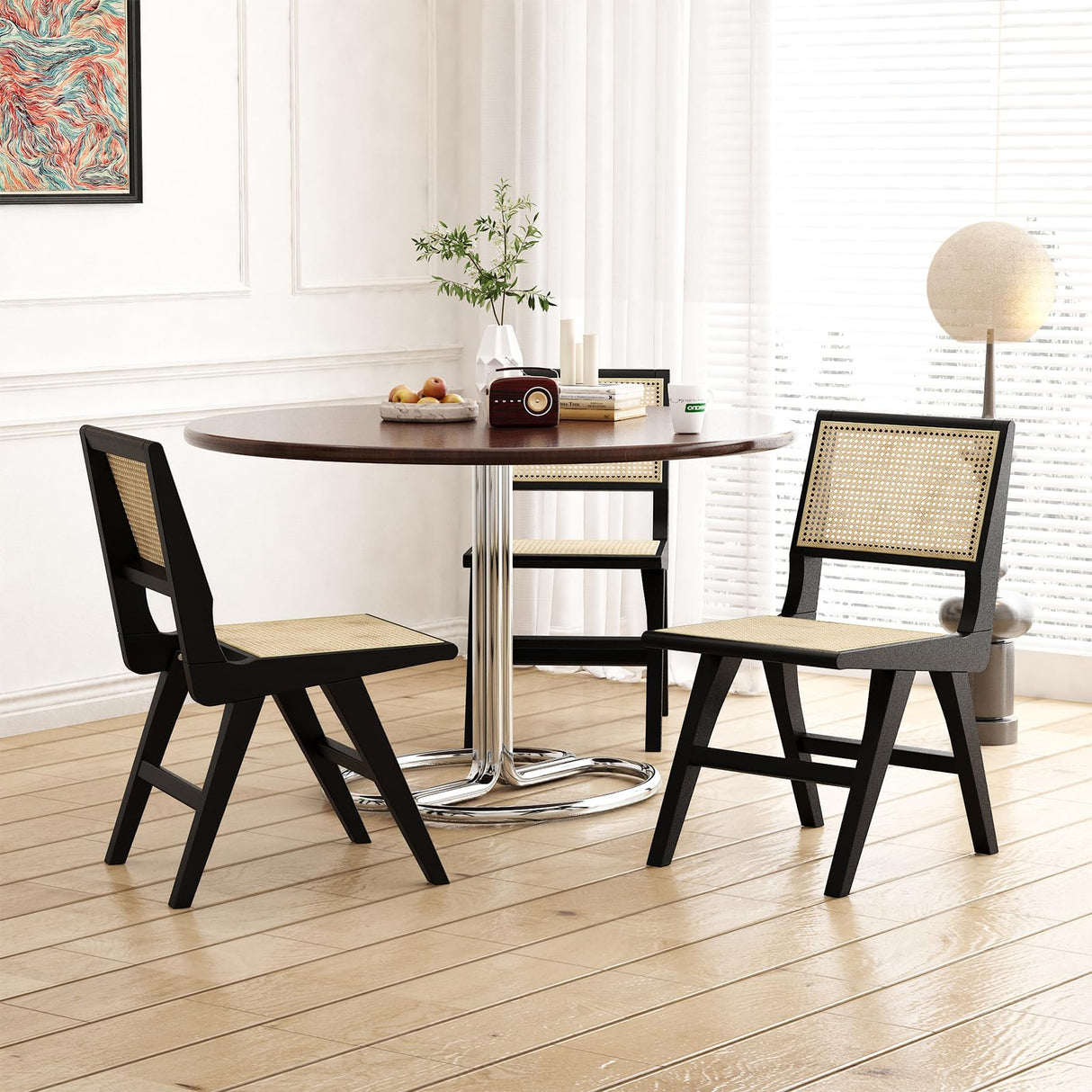 Accent Chair Dining Chairs Set of 2, Solid Wood Frame Boho Rattan Chair, Mid Century Modern Accent Chairs for Living Room Bedroom Dining Room Kitchen(Black) generic