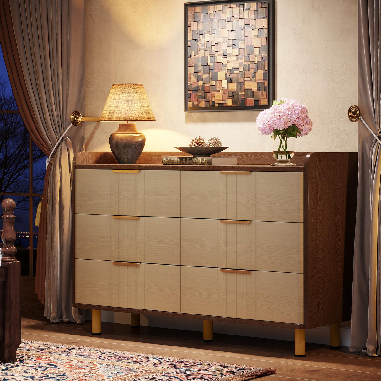 Tribesigns 6-Drawer Double Dresser, Modern Chest of Deep Drawers, Wooden Storage Dresser Organizer with Gold Metal Handles & Sturdy Legs, Large Storage Cabinet for Bedroom, Living Room, Brown & Oak Tribesigns