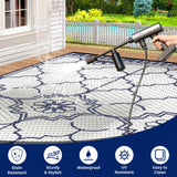 6x9Ft Outdoor Rug, Solar Powered Outdoor Rug with 94LEDs Strip Lights for House Deck, Waterproof Plastic Reversible Outdoor Straw Rugs, Rugs Mat RV Camping Patio Beach Balcony Picnic (Blue White) Capybland