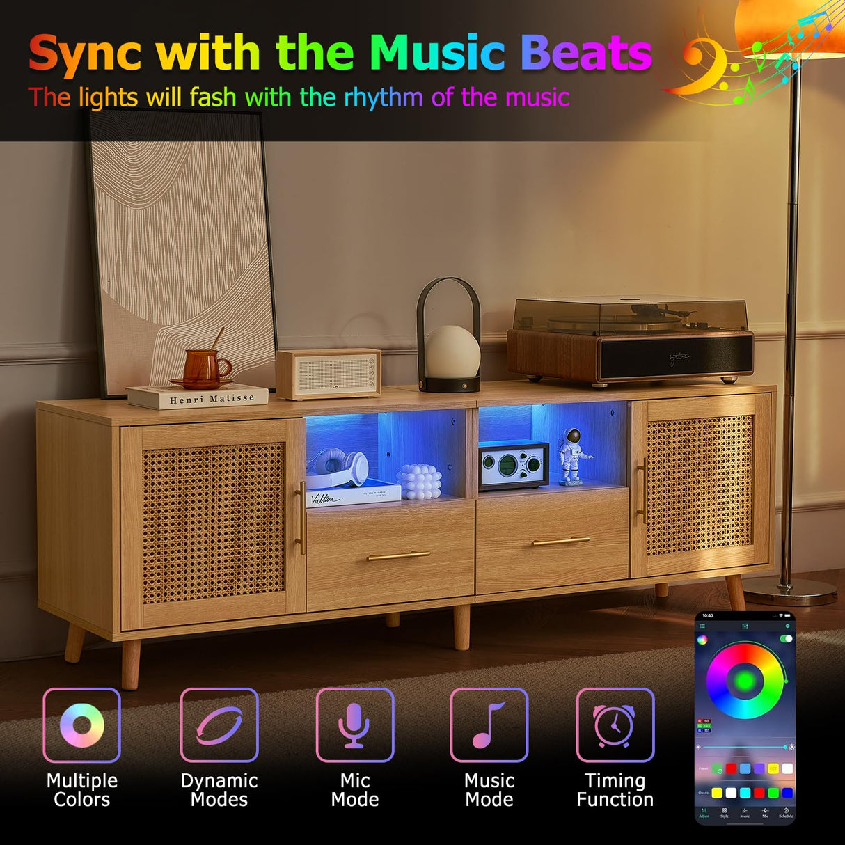 JanflyHome TV Stand for 70 Inch TV-Modern Rattan Media Console with Power Outlet, Entertainment Center with LED Light, Rattan TV Console Furniture for Living Room, Wood JanflyHome