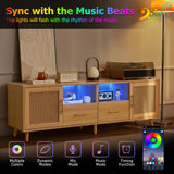 JanflyHome TV Stand for 70 Inch TV-Modern Rattan Media Console with Power Outlet, Entertainment Center with LED Light, Rattan TV Console Furniture for Living Room, Wood JanflyHome