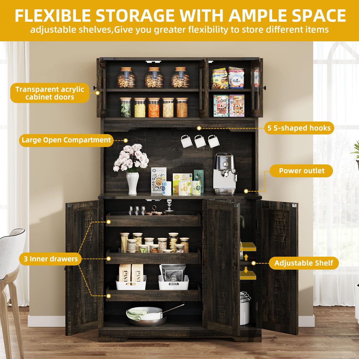 DWVO 71" Tall Kitchen Pantry Storage Cabinet with Charging Station, Kitchen Hutch Cabinet with Storage Drawers, Farmhouse Freestanding Cupboard Cabinet for Dining Room,Dark Rustic Oak DWVO