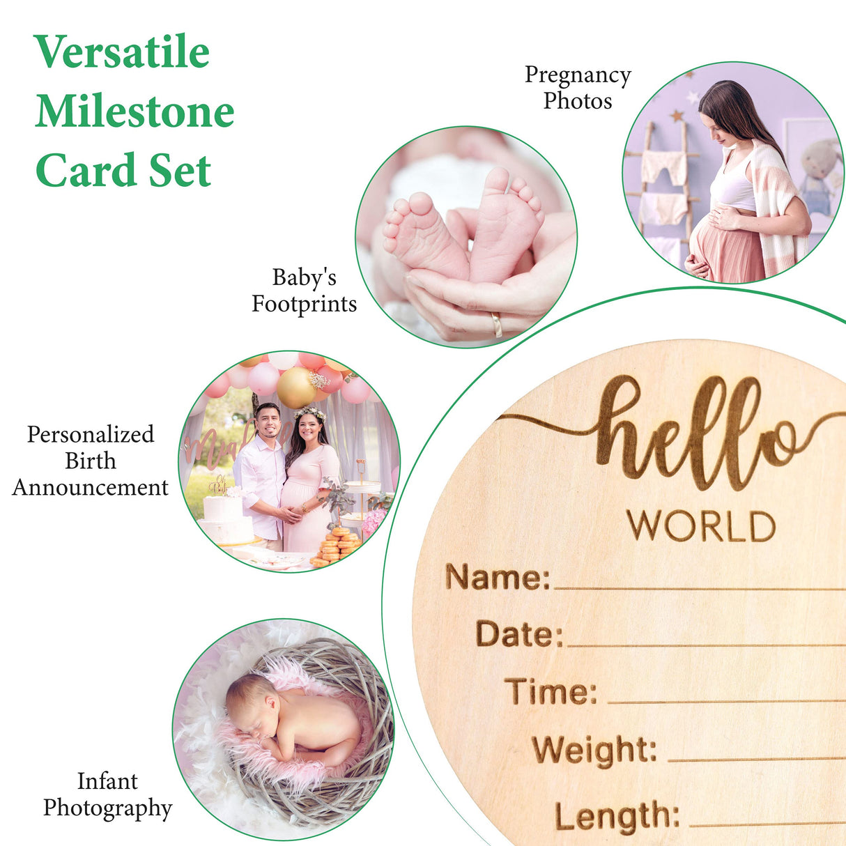 DECLAN & DELANEY Monthly Baby Milestone Cards | 16 Wooden Milestone Discs, Includes Boy/Girl Birth Announcement Sign | Baby Monthly Milestone Props Declan & Delaney