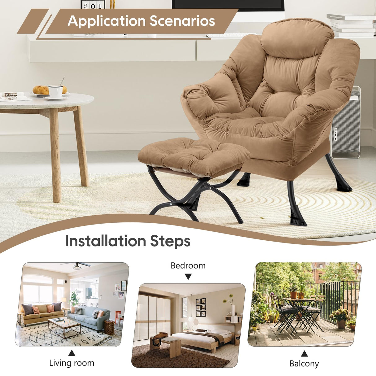 Congermom Lazy Chair with Folding Ottoman Modern Large Accent Chair,Contemporary Lounge Leisure Sofa Chair with Armrests Upholstered Sofa Armchair Reading Chair for Bedroom,Dorm & Office(Khaki-f) Congermom