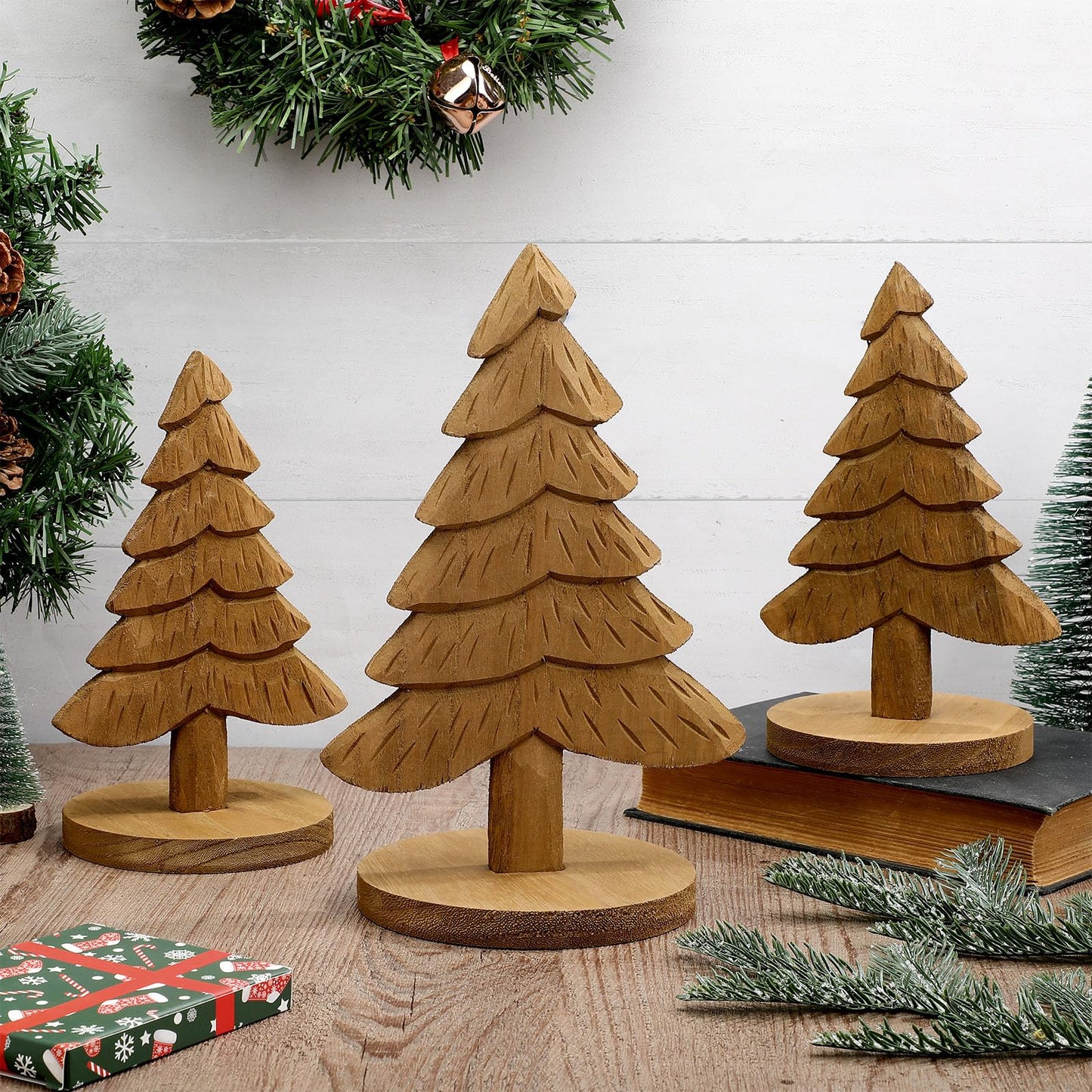 Qunclay 3 Pcs Wooden Christmas Tree Tabletop Handmade Wood Trees Artificial Standing Pine Tree Decor with Base Rustic Farmhouse Christmas Centerpiece for Home Office Table Xmas Holiday Party Decor