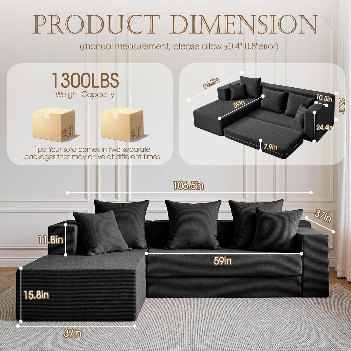 YINIX 106" Sectional Sofa for Living Room, Cloud Couch with 59" Deep Seat, Modern Modular L-Shape Sofa Bed with Chaise, Upholstered Boneless Couches for Bedroom, No Assembly (Black) YINIX