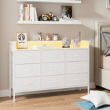 ELYKEN White Dresser with LED Light for Bedroom, Dresser with 9 Drawers and Charging Station, Fabric Chest of Drawers with PU Finish Storage Drawers for Entryway Closet Living Room Hallway Guest Room ELYKEN