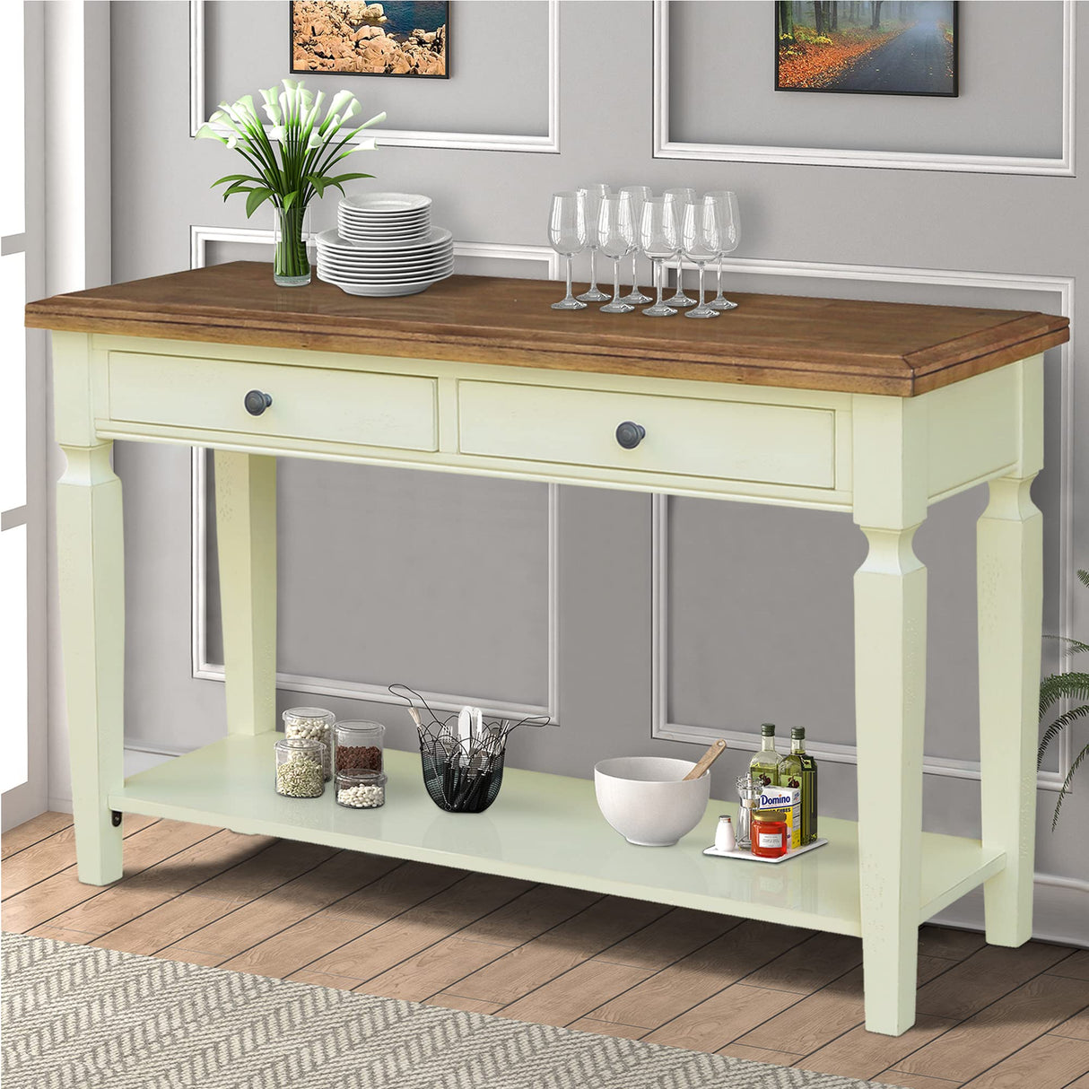 IC International Concepts International Concepts Vista Solid Wood Sofa Console Table, Hickory/Shell IC International Concepts