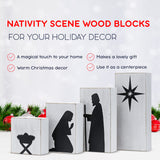 Ornativity Wooden Block Nativity Scene - Black Xmas Silhouette Christmas Figures on White Painted Wood Blocks Indoor Nativity Table Top Shelf Sitter Mantle Centerpiece Set Decorations - 1 set Ornativity